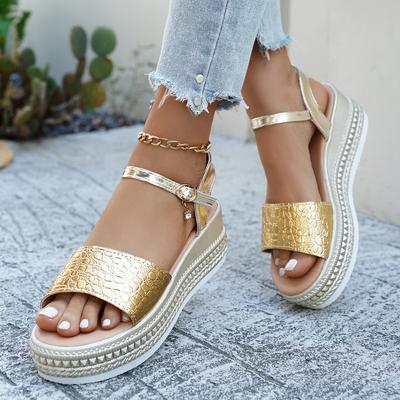 Buty Damskie 2026 Letnia Moda Damskie Sandały na Koturnie z Odkrytymi Palcami Pasek z Klamrą Duże Rozmiary Złote Obuwie Damskie