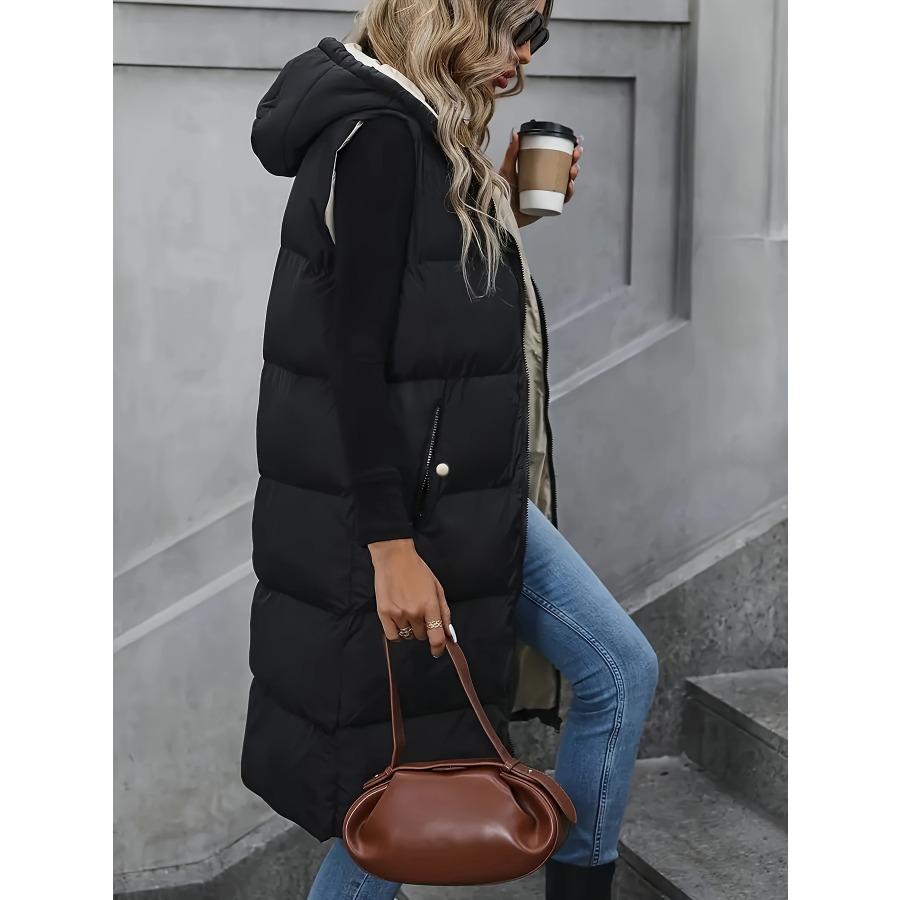 Zip-up Hoodie Puffy Vest, Casual Sleeveless Slant Pockets Warm Midi Vest For Fall & Winter, Women's Clothing