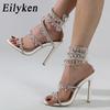 Fashion Eilyken Summer Fashion Rhinestone Crystal Sandals Women's String Bead Banquet Stiletto High Heel Wrap Strap Open Toed Shoes