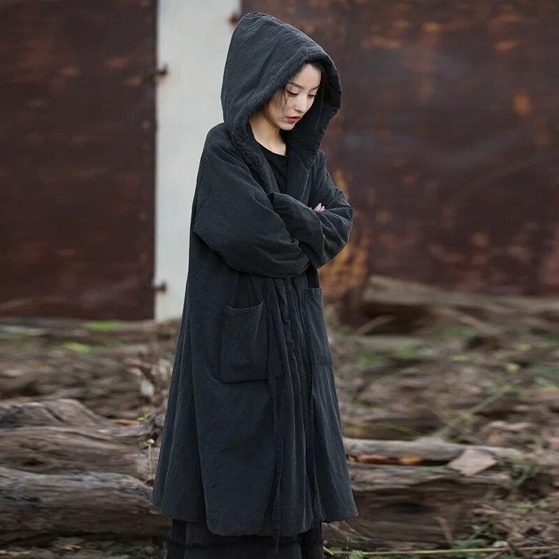 Frauen Schwarz Mit Kapuze Langarm Parkas Warme Lange Hülse Winter Mäntel Weiblichen Chinesischen Stil Verband Parkas