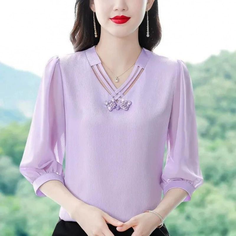 Einfarbiges Chiffonhemd für Damen, neues Sommeroberteil mit V-Ausschnitt, Siebenviertelärmel, vielseitige Pullover, Chiffonbluse