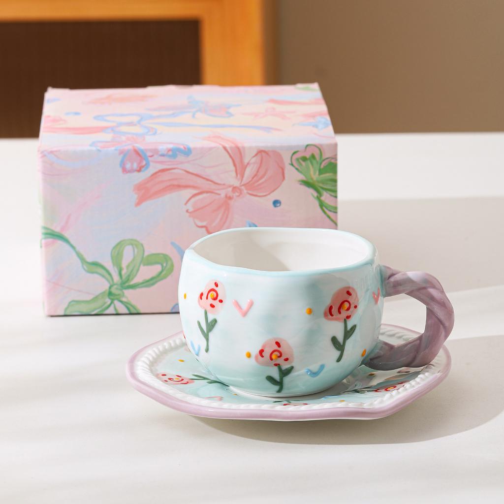 Hand Painted Relief Flower Bow Ceramic Coffee Cup Saucer Creative Hand Twist Handle Afternoon Tea Cup Saucer