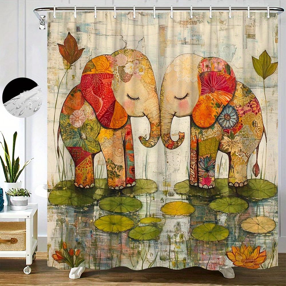 

1pc Elephant Trunks in Pond Shower Curtain - Vibrant Watercolor Art with Two Elephants Touching Trunks & Water Lilies 90x180cm