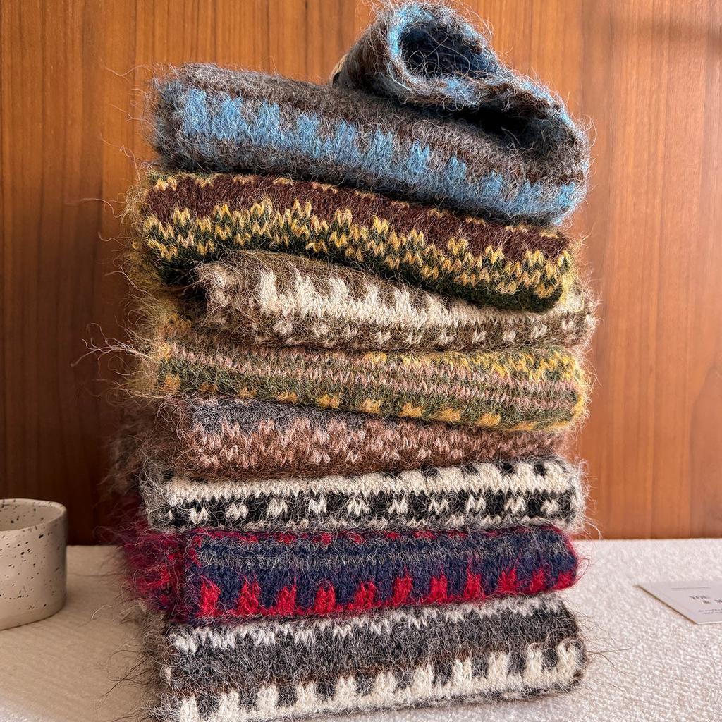 New Autumn Winter Fair Isle Scarf for Women Retro Color Block Wool Blend Thick Warm Korean Atmosphere Neck Wrap