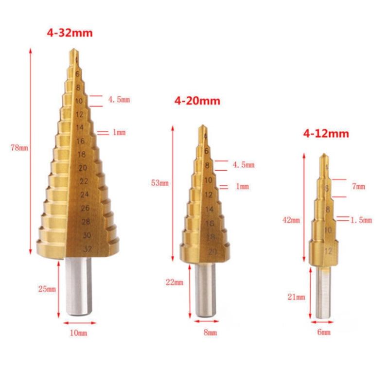 3pcs Set HSS Step Drill Bits 4 12 20 32mm Cone Hole Cutter for Wood Metal Brass