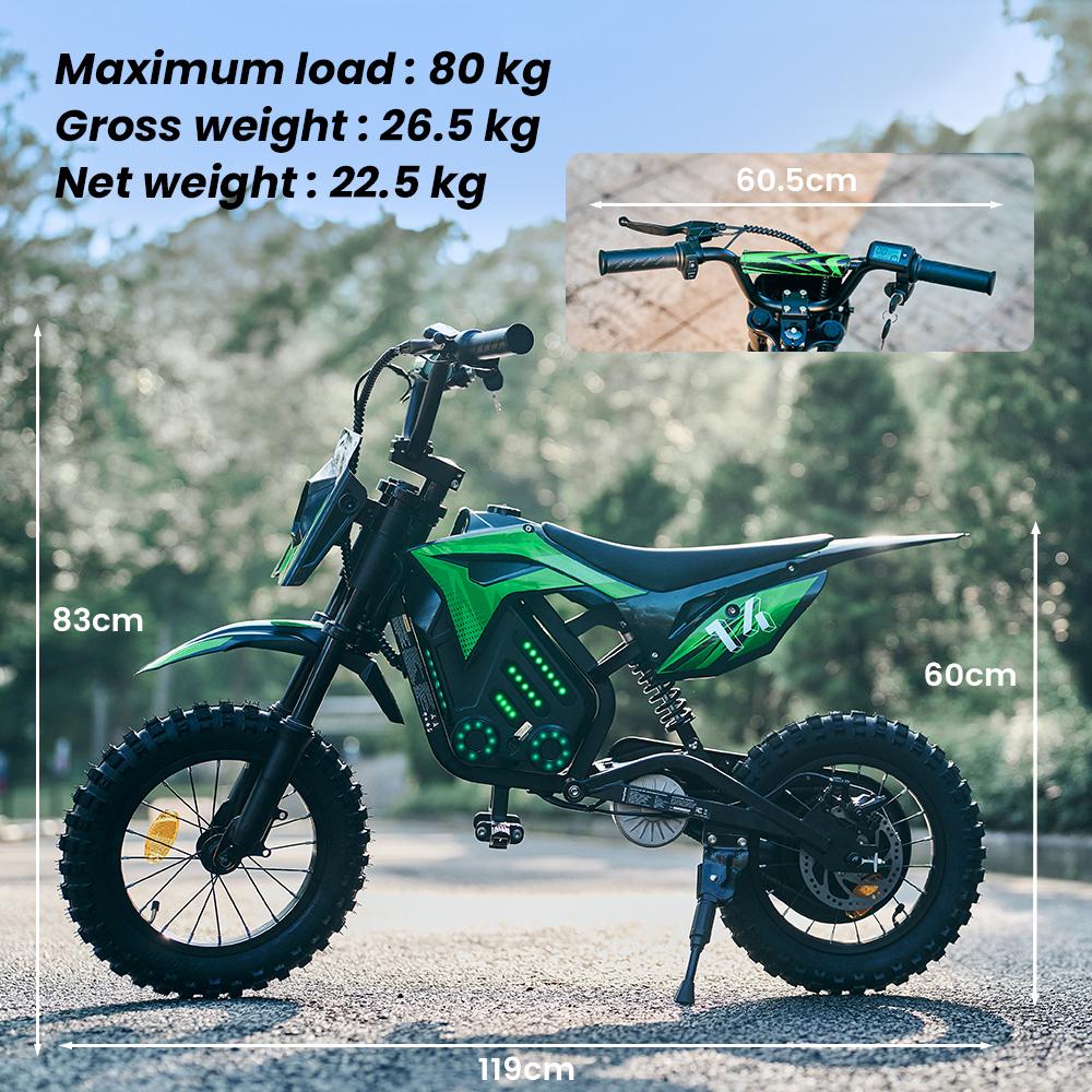 A14 Kids ELECTRIC DIRT BIKE 14 Inch 500W Motor 36V5.2Ah Battery 20-22km Range Shock Absorption, Bluetooth LED Lights