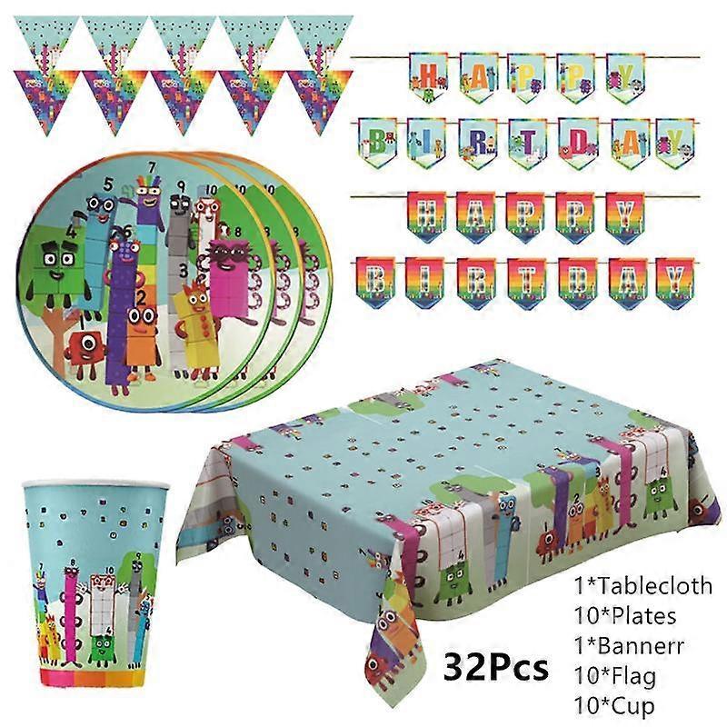 Decoraciones para Fiesta de Cumpleaños de Numberblocks Pancarta de Fondo Mantel Bolsas de Papel Platos Set de Vajilla Desechable Suministro para Fiesta Infantil