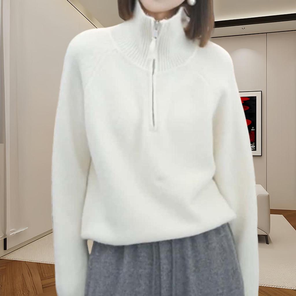 Women's Chic High Neck Half Zip Knit Sweater - Fashionable and Versatile for Autumn/Winter