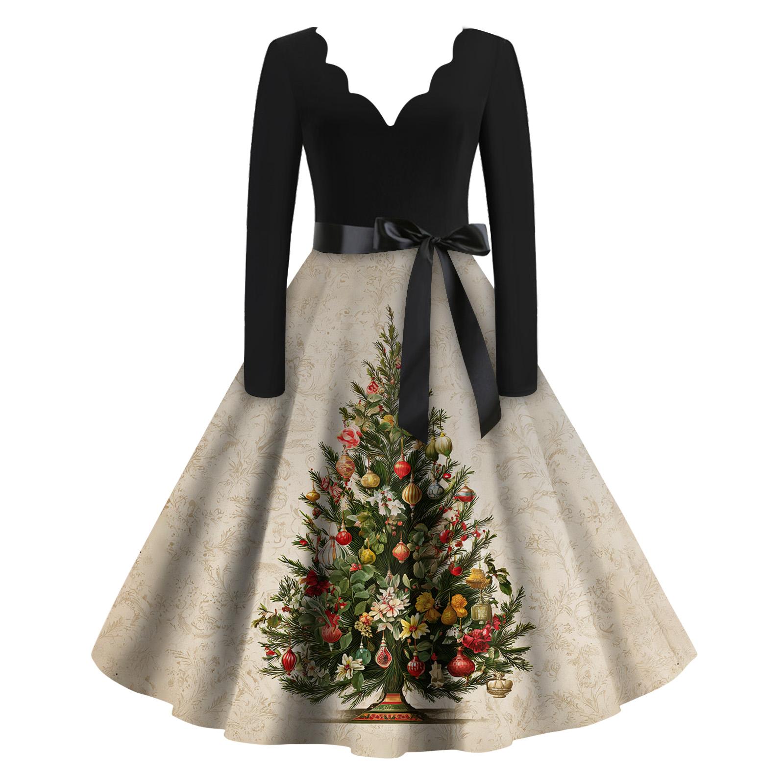 

Women s Casual Fashion Christmas Holiday Print V-neck Vintage Dress L