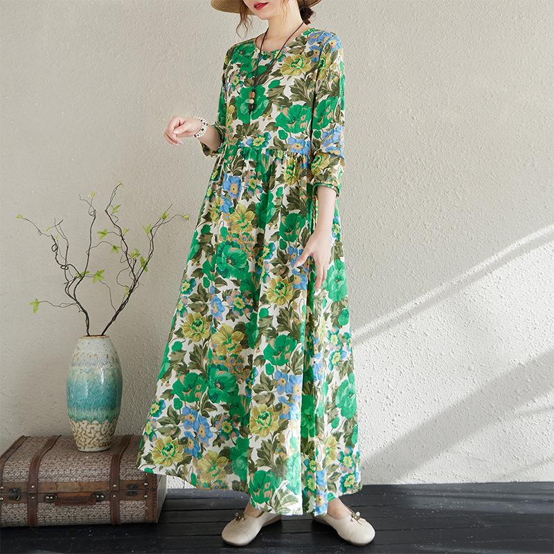 Early Spring Floral Vacation Style Travel Round Neck Retro Long Dress for Women Long Sleeved Vintage Dresses