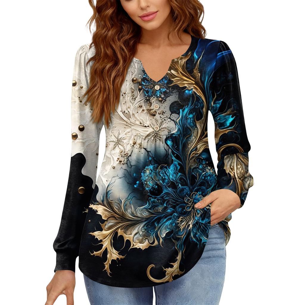 Women's Relaxed,Fit V,Neck Vintage Color,Blocked Floral Print Long,Sleeve Pullover Tee