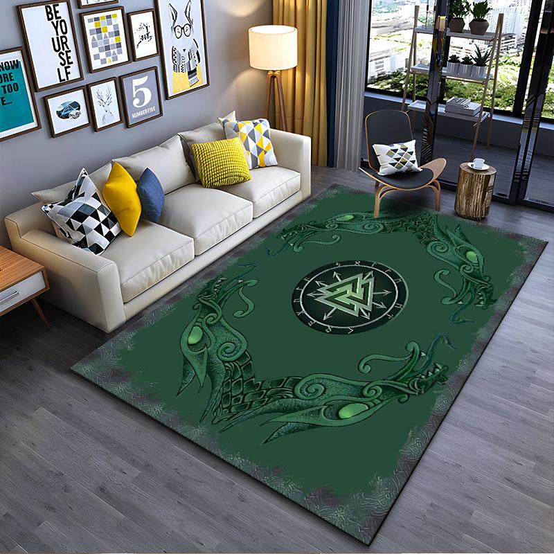 Viking Green Dragon Carpet Design suitable as a non-slip mat for the living room or bedroom sofa