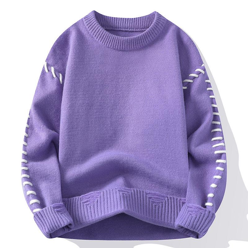 Men's Contrast Stitch Round Neck Sweater, Loose Knitted Pullover for Autumn-Winter 2024