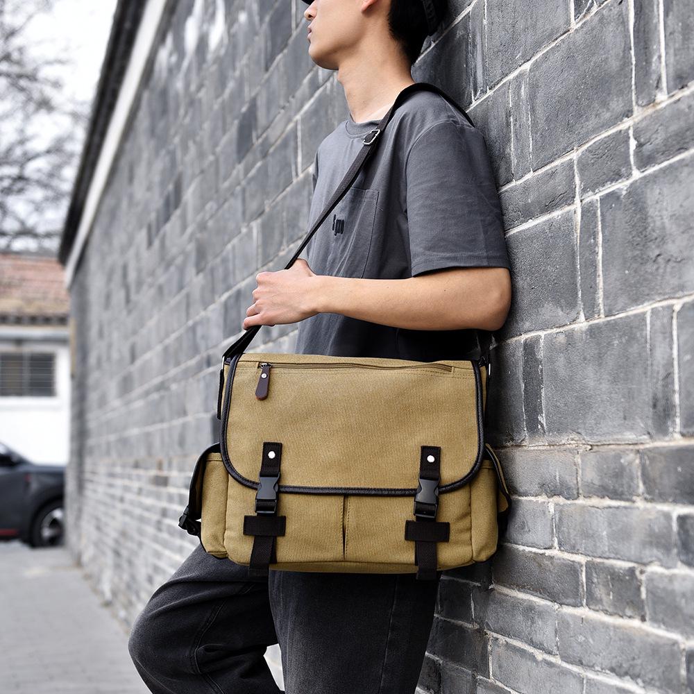 Men's Solid Color Canvas Crossbody Bag - Large Capacity, Versatile, Fashionable Messenger Bag for Commuting and Outdoor Use.