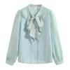New Fashion Long Sleeve Bow Collar Ruffles Chiffon Blouse Shirt Women Tops J398