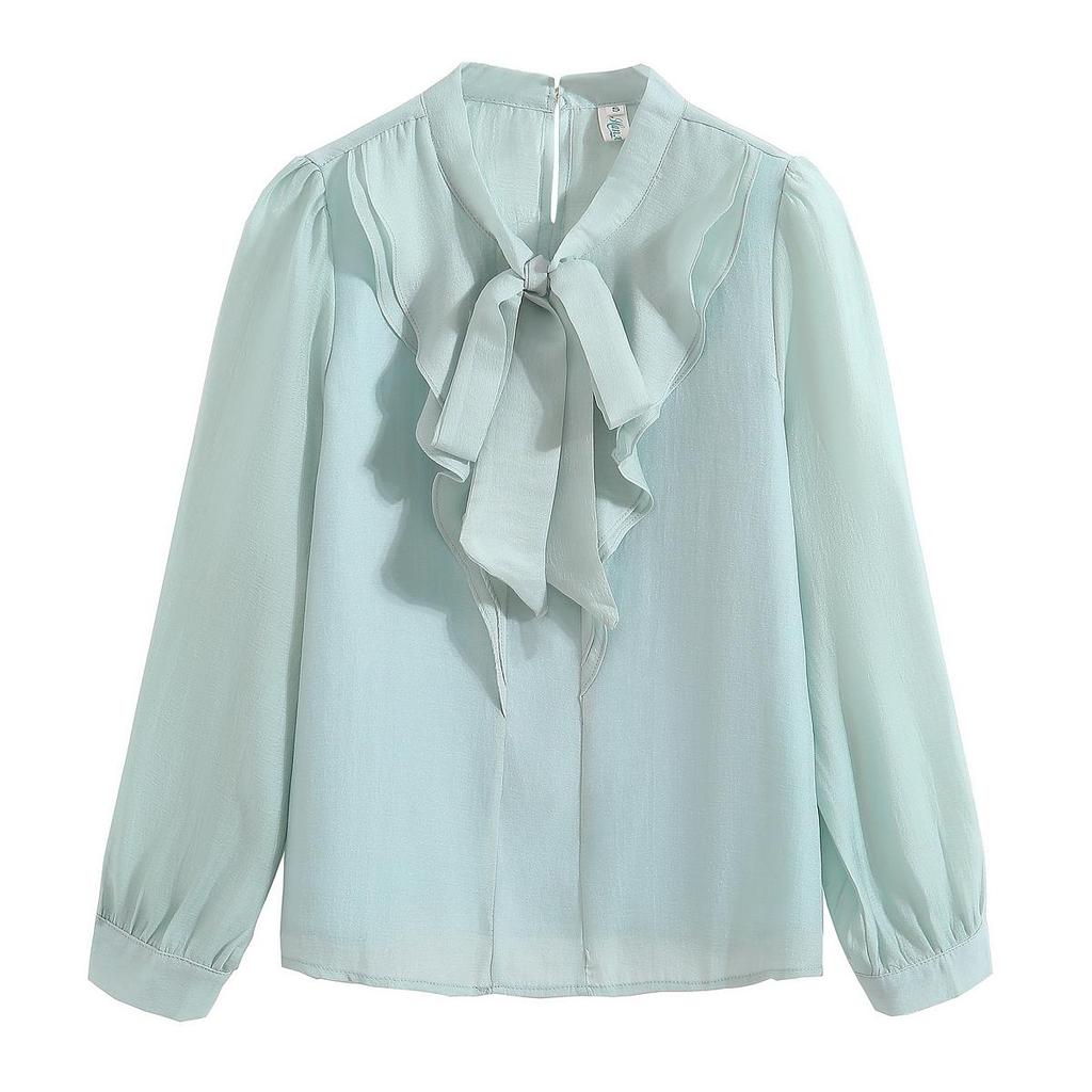 New Fashion Long Sleeve Bow Collar Ruffles Chiffon Blouse Shirt Women Tops J398