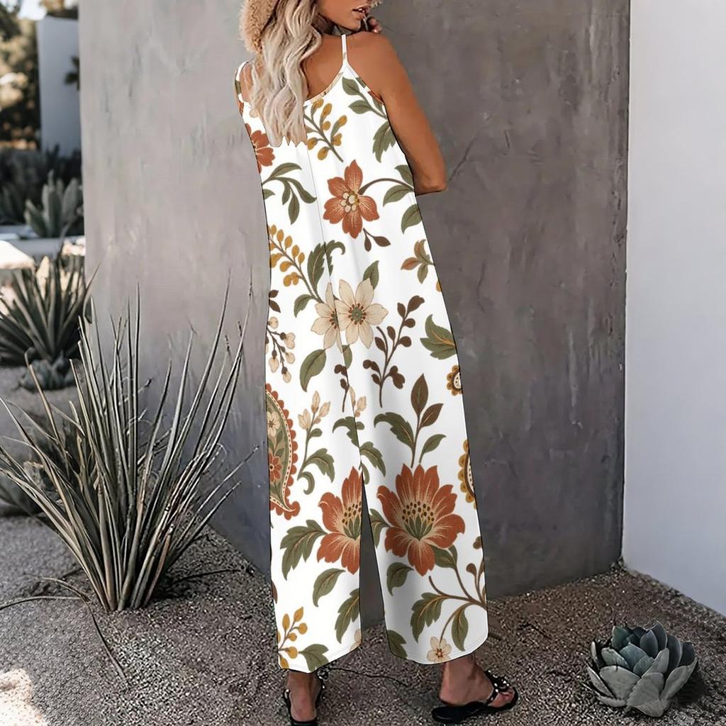Women Plus Size Sleeveless Scoop Neck Gathered Front Floral Printed Wide Leg Jumpsuit With Pockets