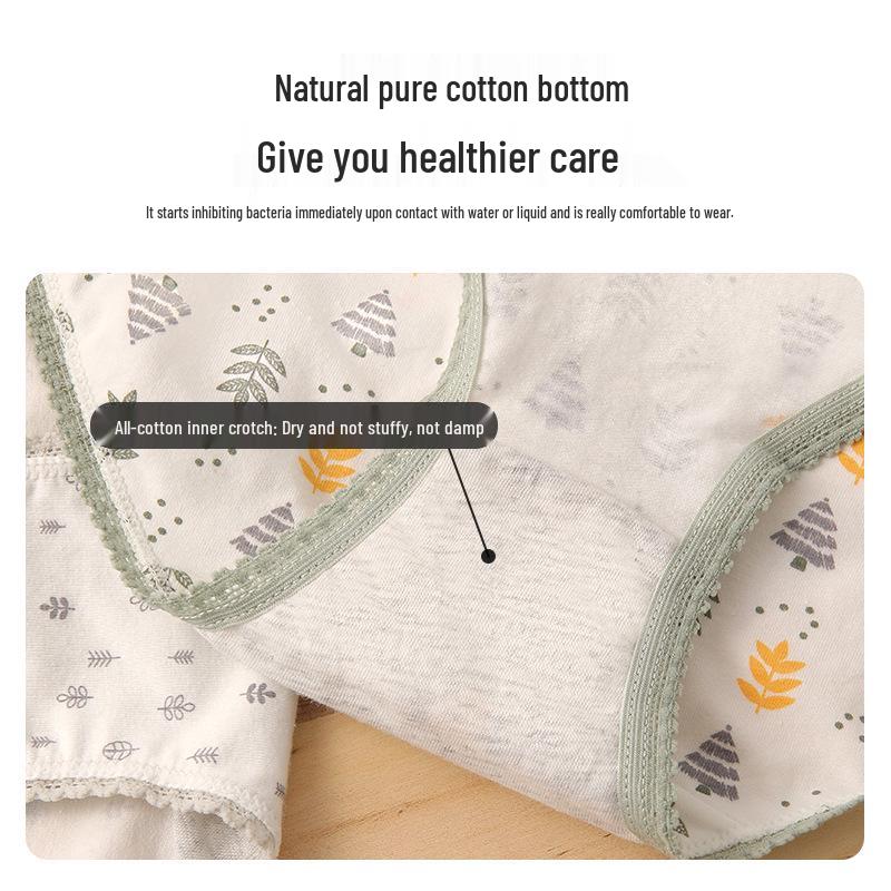 Women's Pastoral-Style Mori Girl Mid-Waist Cotton Lace Print Panties