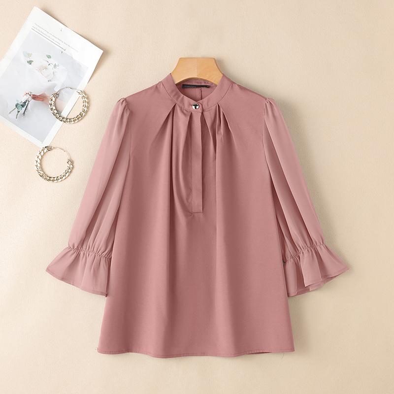 

ZANZEA Женская повседневная блузка свободного кроя с рукавами 3/4 и воротником-стойкой, однотонная XL камео розовый