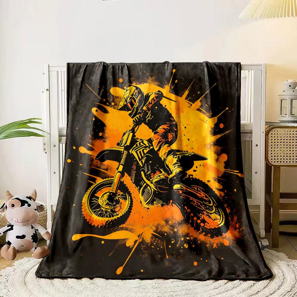 Watercolor Style Motocross Racing Print Blanket, Home Sofa Chairs Decor Blanket Motorcycle Lovers Gift Blanket Next Day Shipping