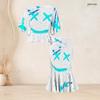 Women Plus Size Round Neck Batwing Sleeve Blue Brown Printed Ruffle Hem Top Fishtail Skirt Two Piece Set