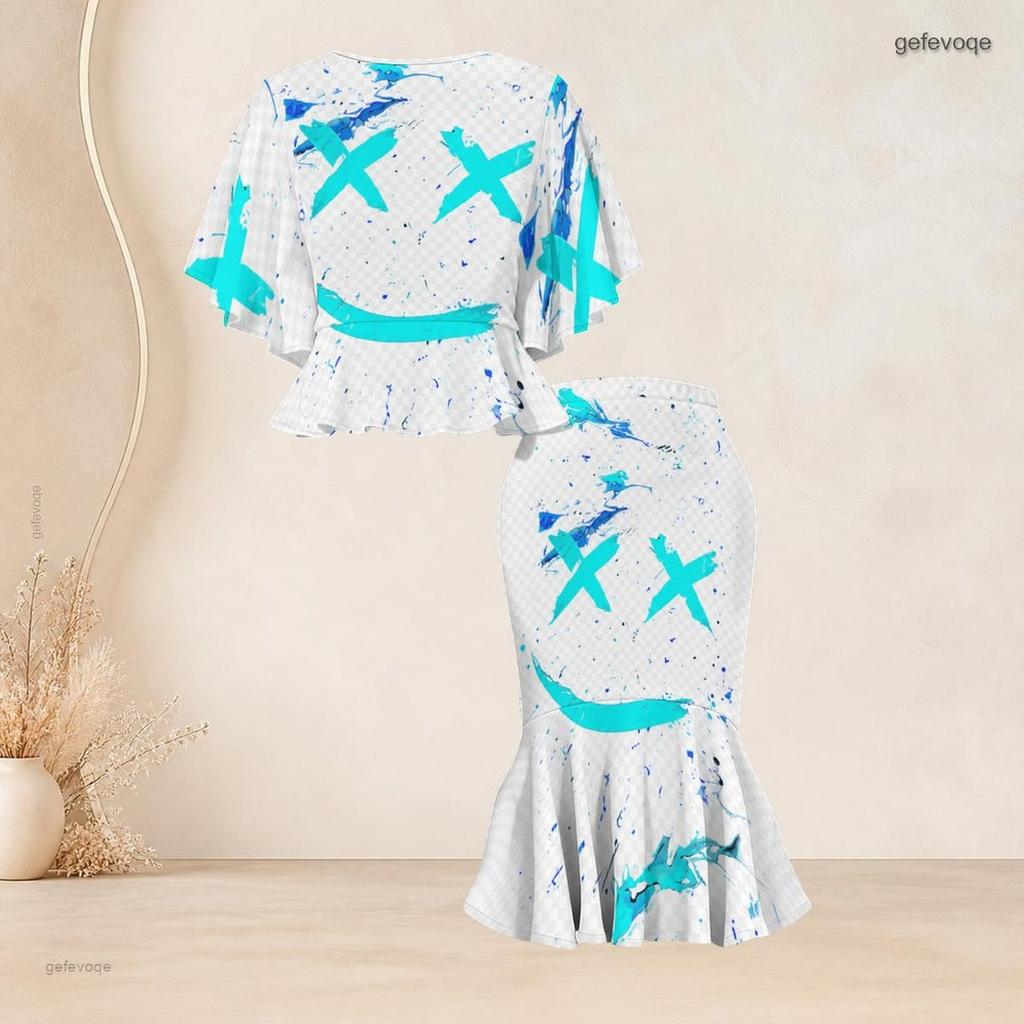 Women Plus Size Round Neck Batwing Sleeve Blue Brown Printed Ruffle Hem Top Fishtail Skirt Two Piece Set