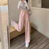Women Turn Down Collar High Waist Wide Leg Straight Long Casual Suit Pants