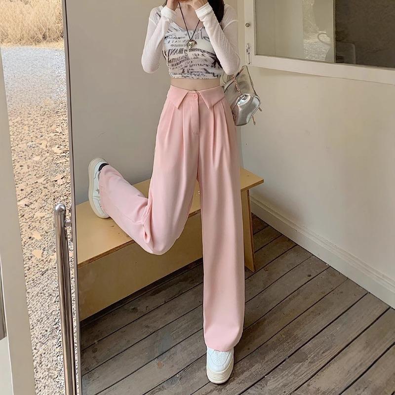 Women Turn Down Collar High Waist Wide Leg Straight Long Casual Suit Pants