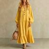 European and American new women's long dress casual loose stand-up collar buttons long-sleeved cotton and linen dress women