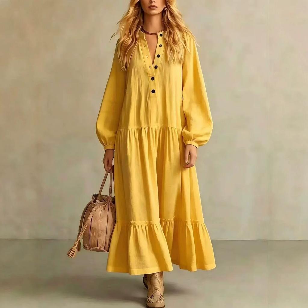 European and American new women's long dress casual loose stand-up collar buttons long-sleeved cotton and linen dress women