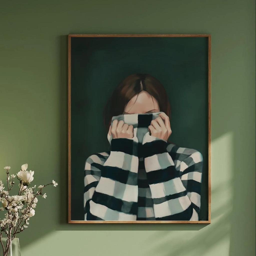 Stampa su Tela con Figure Astratte Verdi e Donna Fiore Ritratto Femminile Minimalista Japandi Poster Artistico per Decorazione Soggiorno Moderno