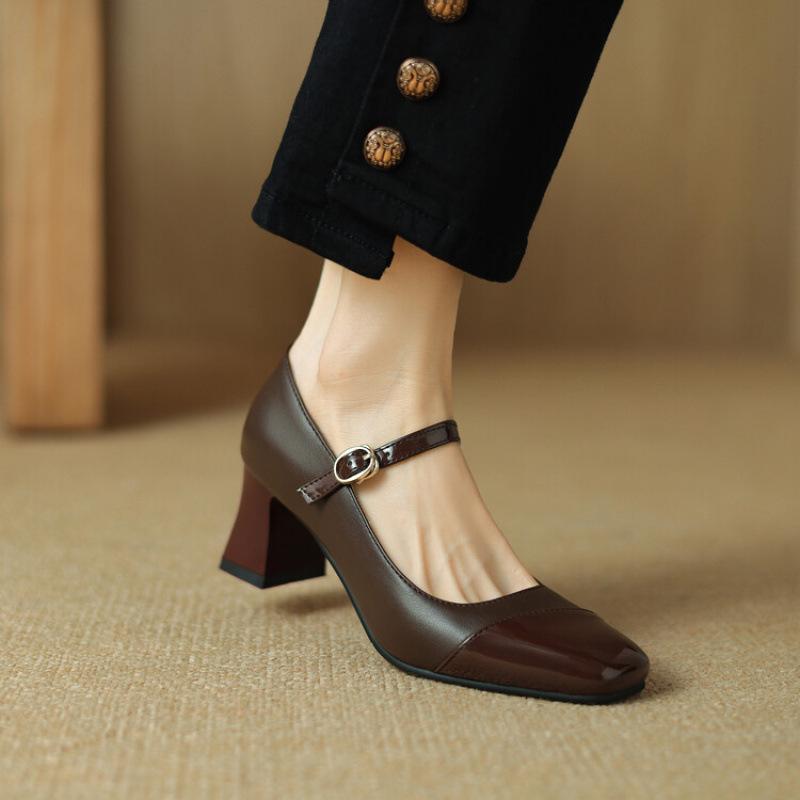 New Women's Low-top Shoes Casual Women's Single Shoes Soft Sole Square Heel High Heels Square Head Lazy Shoes Buckle Rubber Sole