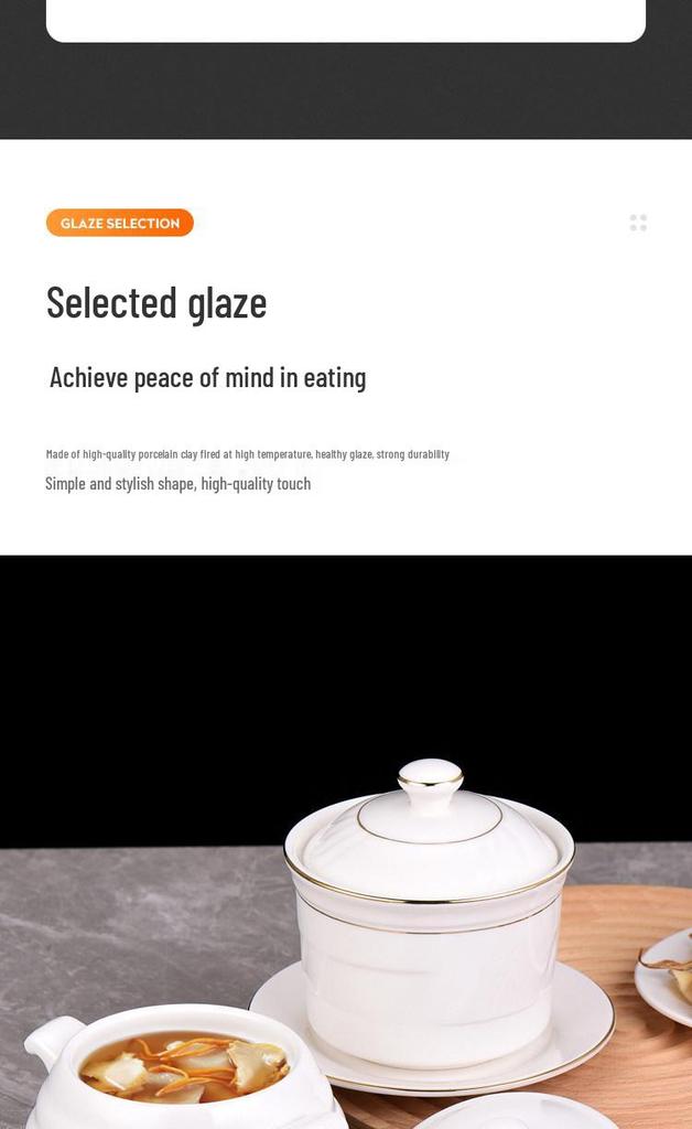 Pure White Ceramic Water-Bath Stew Pot with Gold Rim - Hotel & Commercial Grade, Ideal for Chinese Shaxian, Bird's Nest, and Steam Egg Dishes.