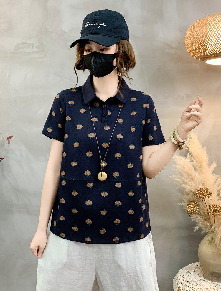 

2026 Summer New Fashion Polka Dot Lapel T-Shirt – Age-Reducing Casual Style 3XL (120-130 lbs) темно-синий