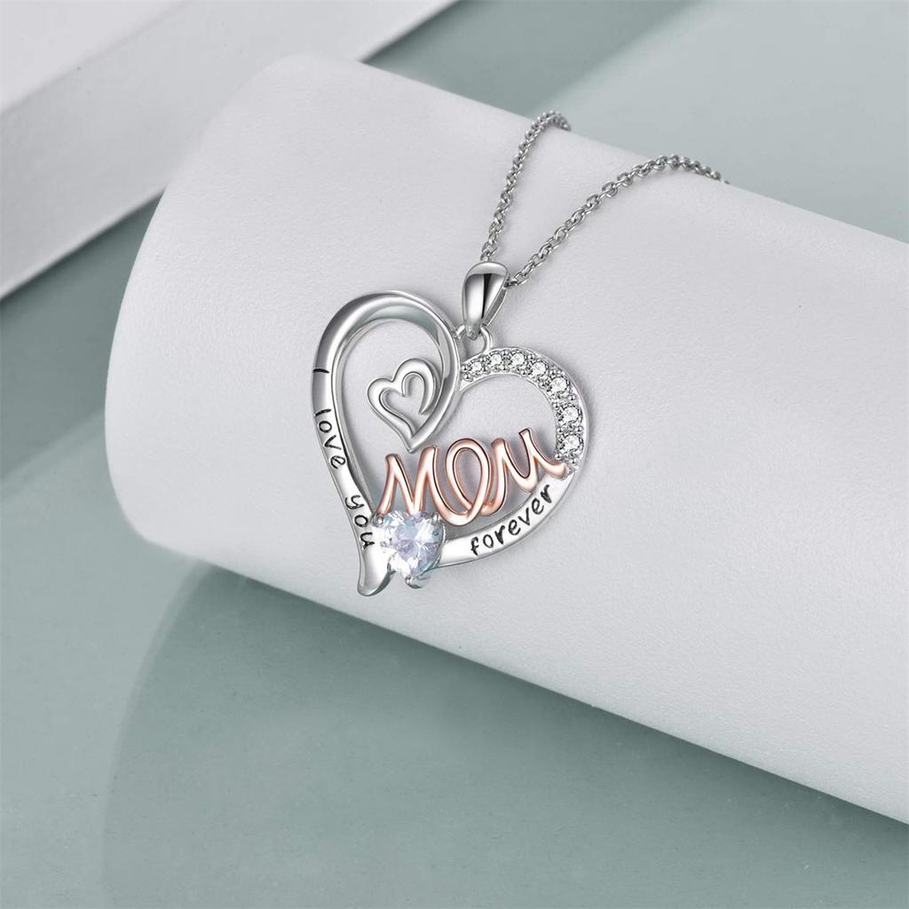 Elegant White K-Plated 'Love Heart' Mom Pendant Necklace Chic & Treasured Gift for Mother's Day