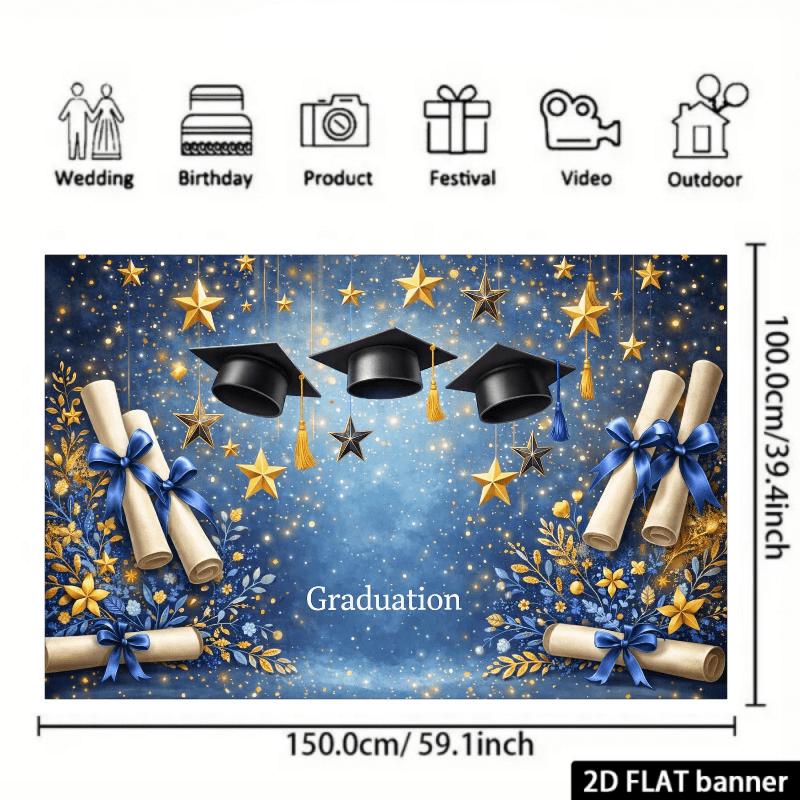 2D flat banner, 1 piece A 2D flat banner featuring a graduation celebration theme, with a blue starry sky background.