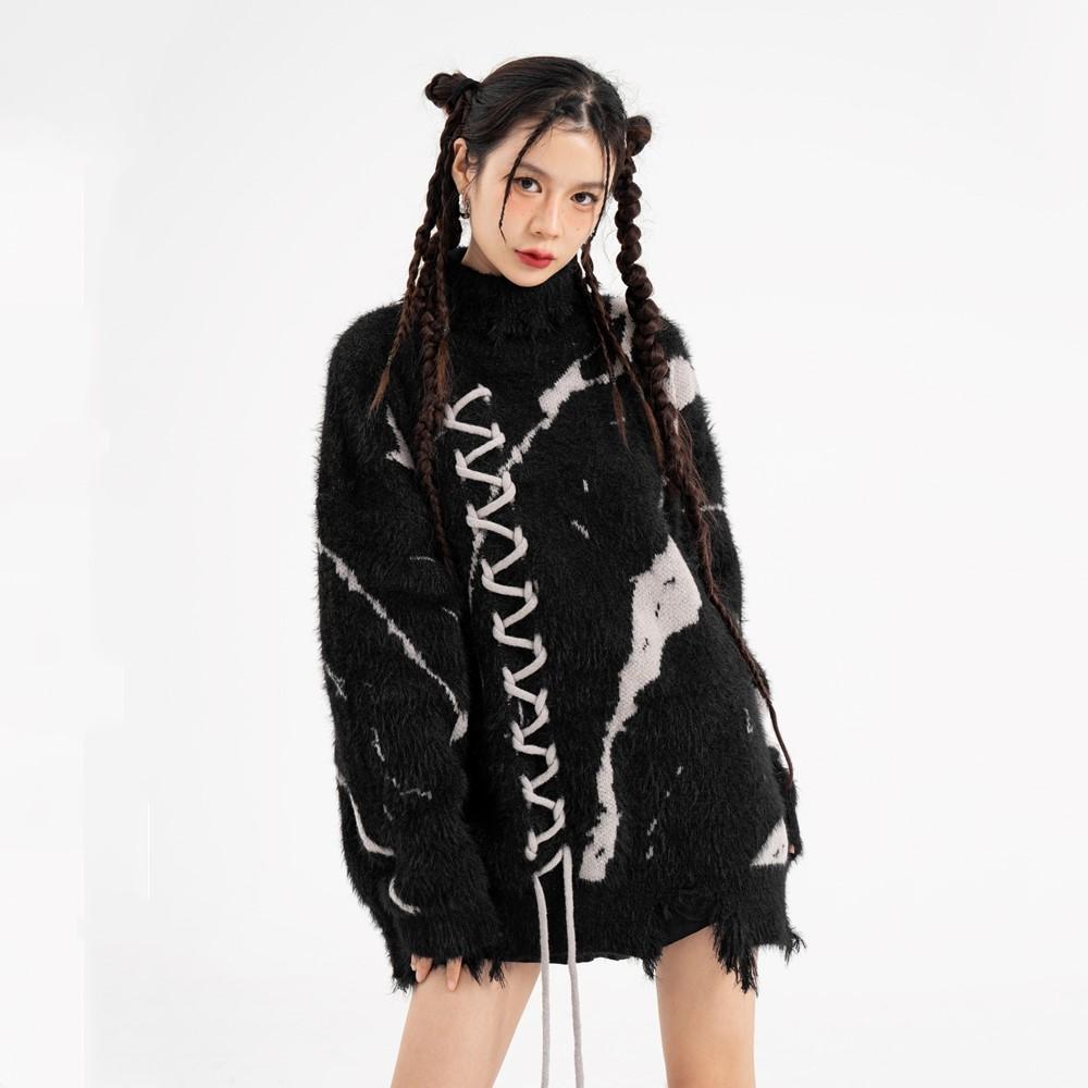 Black Knitted Pattern Causal Loose Oversized Spring Autumn Men Pullover Sweater Women Sweaters