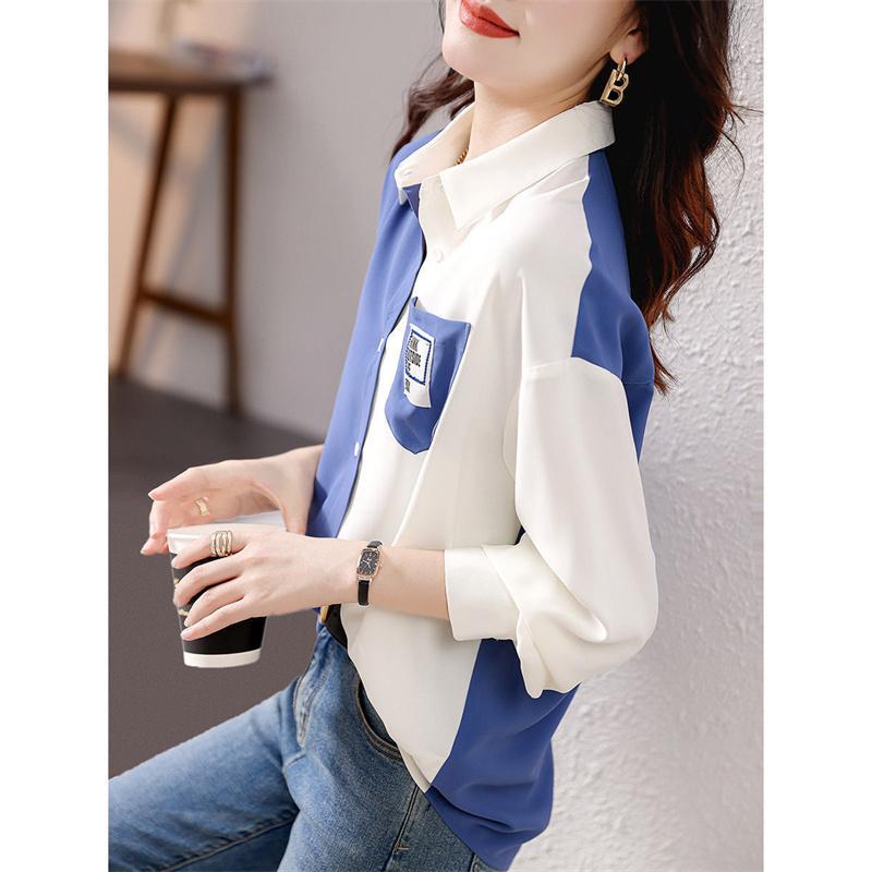 Spring Autumn Women's Color Blocked  Blouses Shirts Lady Casual Long Sleeve Turn-down Collar Patchwork Printed Tops