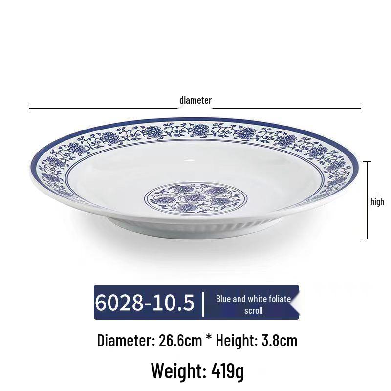 Modrobílý hluboký talíř z melaminu ve stylu porcelánu pro ryby, polévky a komerční použití