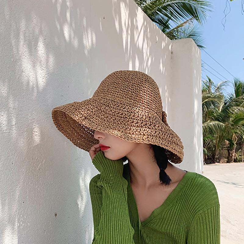Bow Sun Hat Wide Brim Floppy Summer Hats For Women Beach Panama Straw Dome Bucket Hat Shade Hat