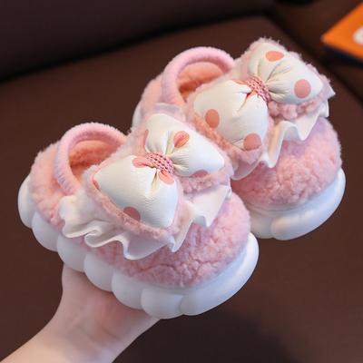 Pantofole di cotone per bambini alla moda, con fiocco in velluto, termiche, invernali, per interni e casa, in cotone mop