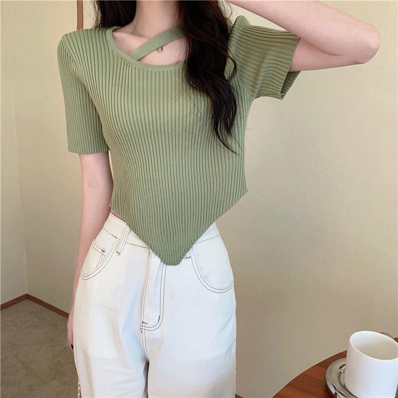 Design Sense Irregular Exposed Collarbone Versatile Chic Short Section Knit Short-sleeved Tops Casual Essential Comfort Style Slim Fit Pullovers Tees