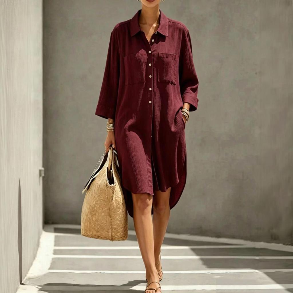 Stylish Women's Midi Shirt Dress with Collar, Loose Fit, Color, Double Layer Crepe, for Casual Daily Wear