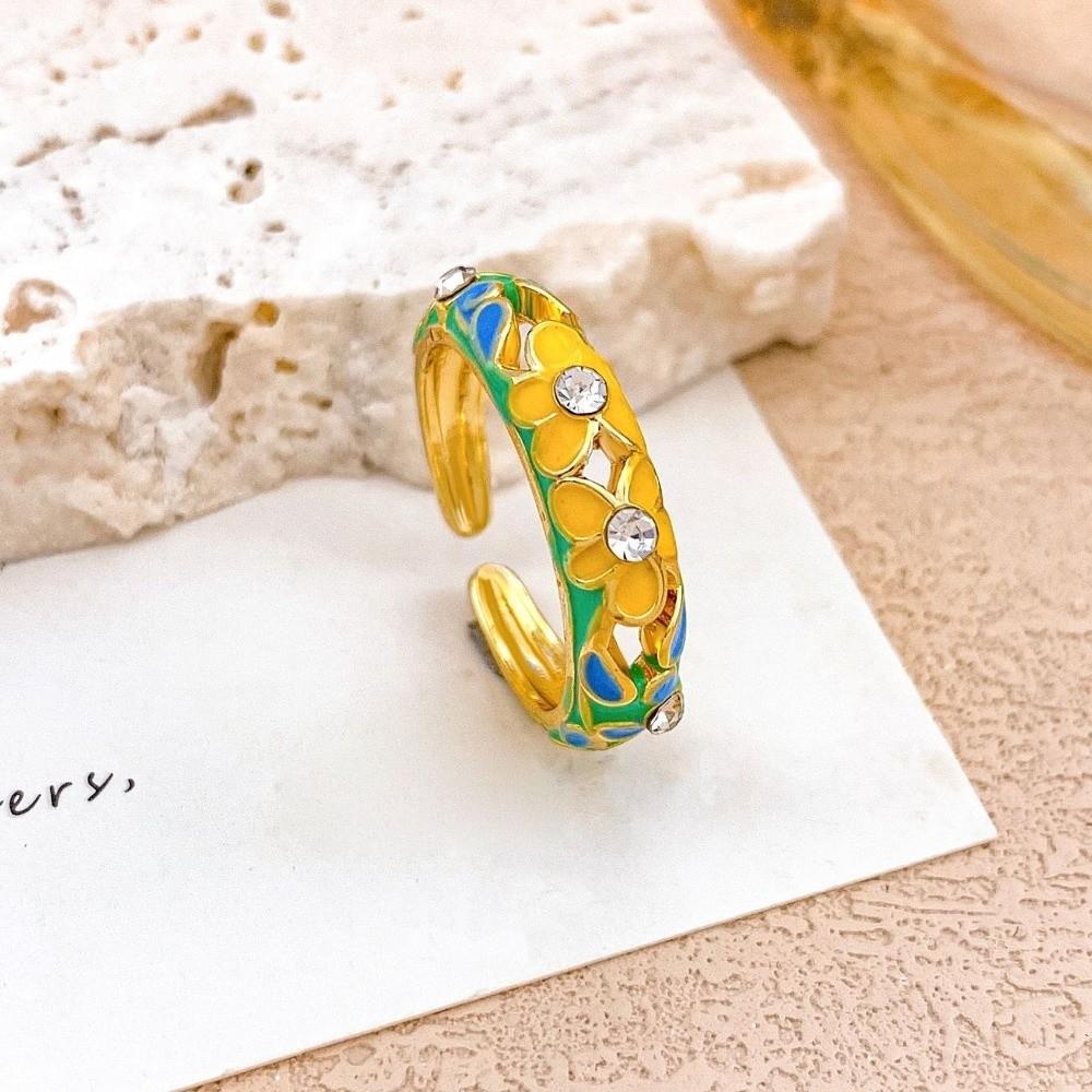 Engraved Vintage Geometric Rings Hollow Out Gold Plated Ring Colorful Enamel Flower Rings  Romantic