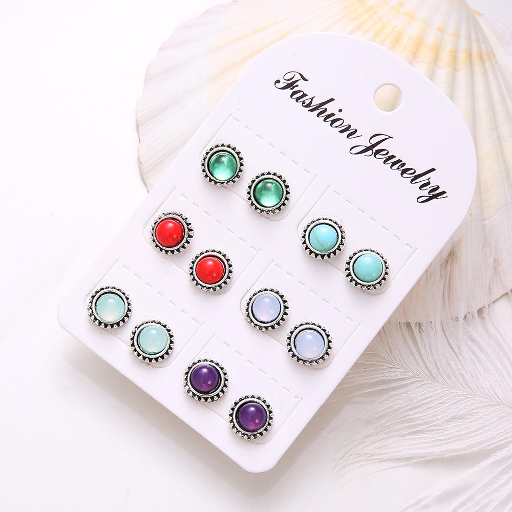 New Trends 5 Pairs Of Jewelry Dazzling Turquoise Gemstones Bohemian Earrings Stud Earrings
