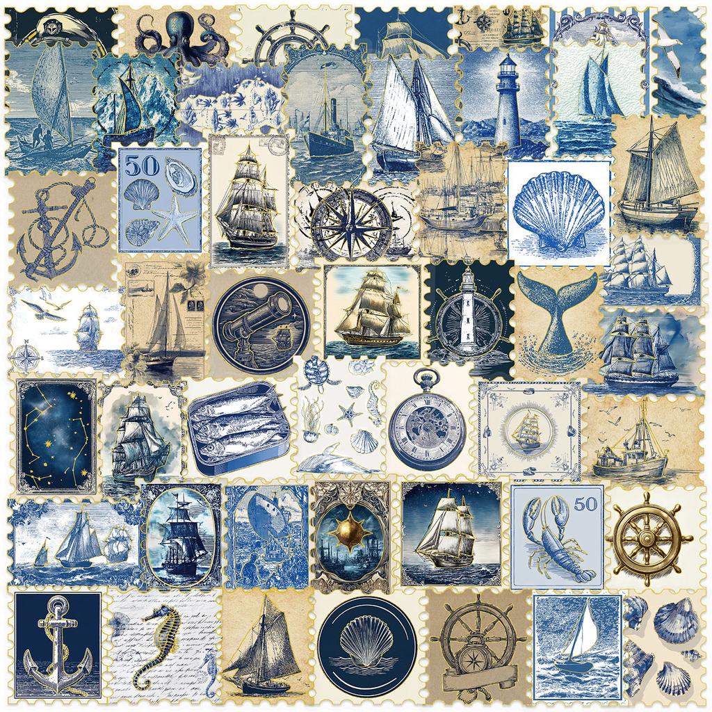 50 Pieces of Gold-stamped Handbill Stickers and Blue Vintage Nautical Postage Stamp Stickers