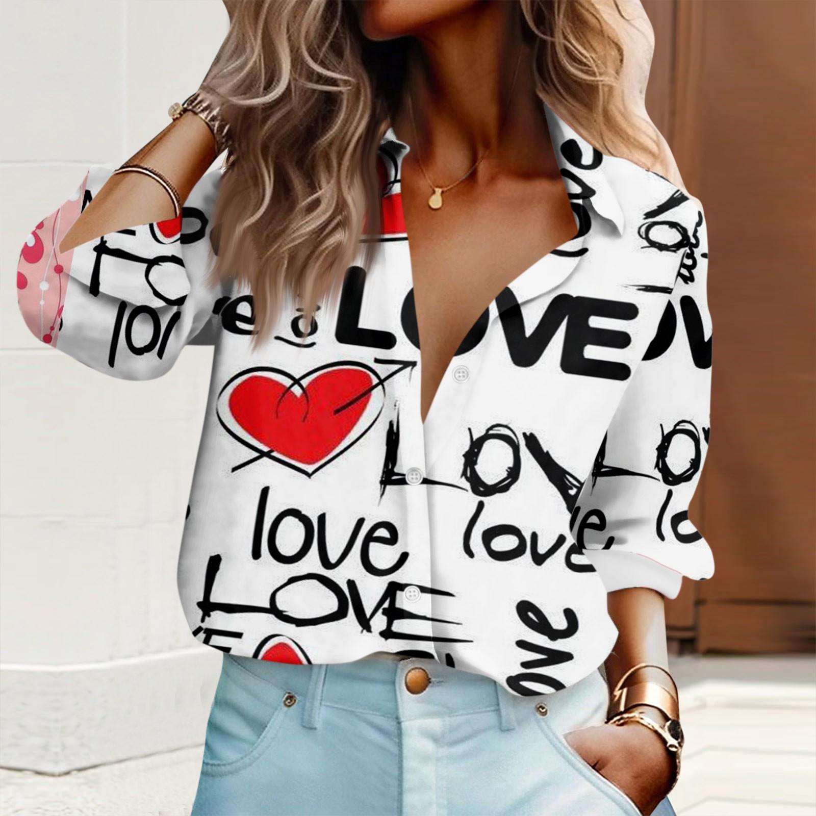 

Женская рубашка-блузка с принтом на пуговицах ко Дню Святого Валентина и длинным рукавом, повседневная базовая рубашка с воротником, обычный топ XL белый