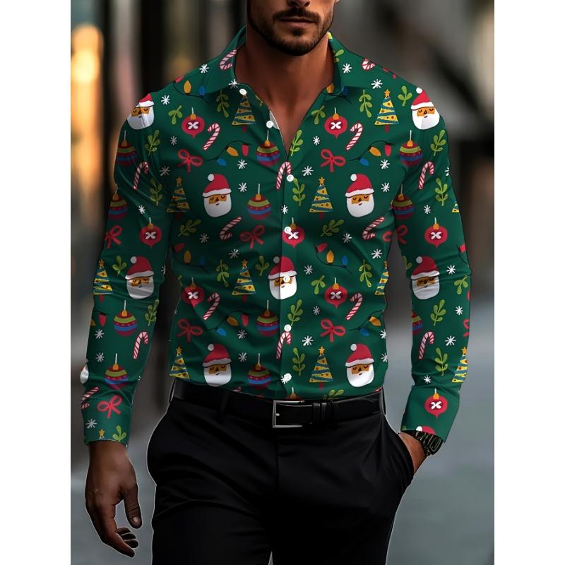 Christmas Festival Theme Men's 3D Printed Formal Shirts Christmas Tree Santa Claus Graphic Long Sleeve Shirt Fashion Men's Shirt