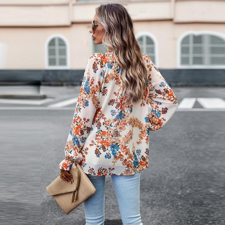 Elegant Women Autumn Floral Blouse Button Tops Shirt V Neck Lantern Sleeve