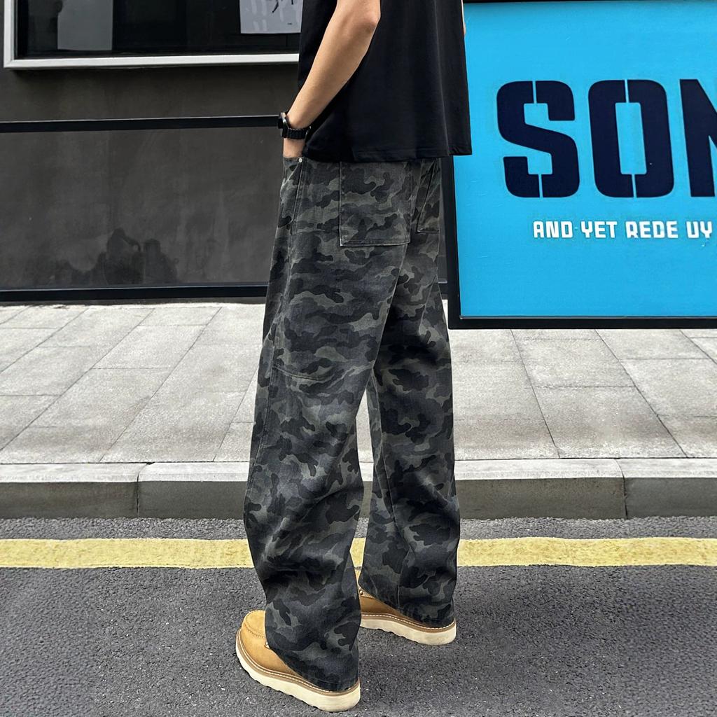 American retro camouflage jeans men's ruffian handsome high street trendy brand lumberjack straight wide-leg versatile casual pants